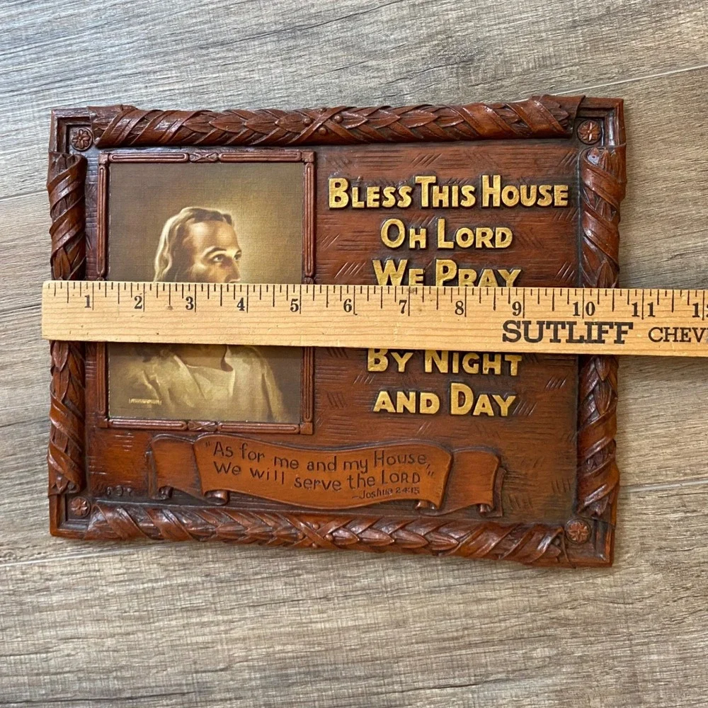 Vintage Warner Press Art-Wood Jesus Christ Bless This House Plaque N4901 USA